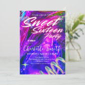 Invitation Elégant néon rose rétro Or Sweet 16e anniversaire (Debout devant)