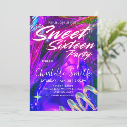 Invitation Elégant néon rose rétro Or Sweet 16e anniversaire (Debout devant)