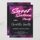 Invitation Élégant néon rose Retro Sweet 16e anniversaire gir (Devant / Derrière)