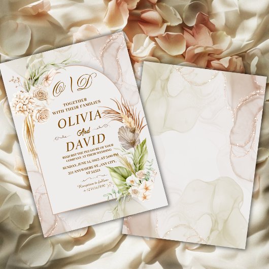 Invitation Elegant Neutral Boho Pampas Grass & Floral Wedding