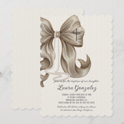 Invitation Elegant Neutral Striped Bow Baptism (Devant / Derrière)