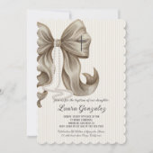 Invitation Elegant Neutral Striped Bow Baptism (Devant)