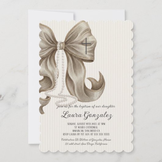 Invitation Elegant Neutral Striped Bow Baptism (Devant)