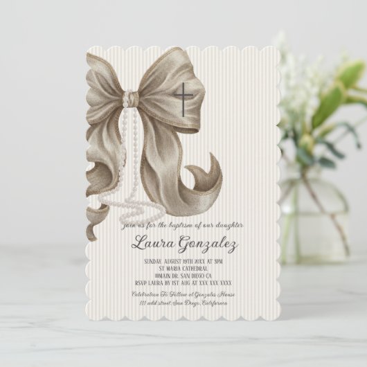 Invitation Elegant Neutral Striped Bow Baptism (Debout devant)