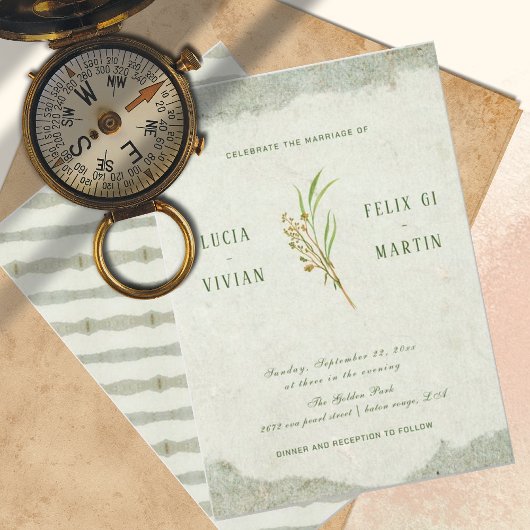 Invitation Elégant Neutral Vintage Cream Vert Rustique Mariag