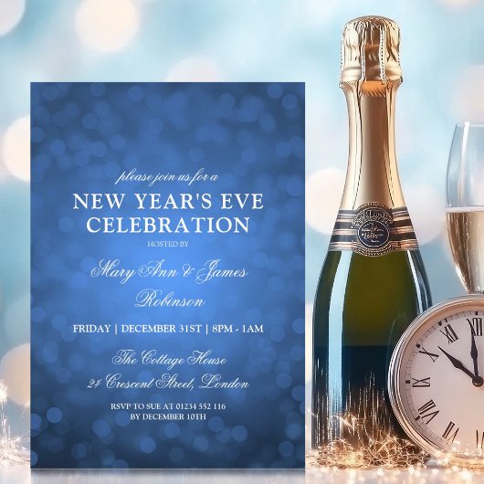 Invitation Elegant New Years Eve Navy Blue Bokeh Lights
