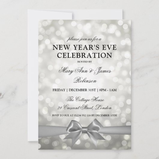 Invitation Elegant New Years Eve Silver Bokeh Lights Bow (Devant)