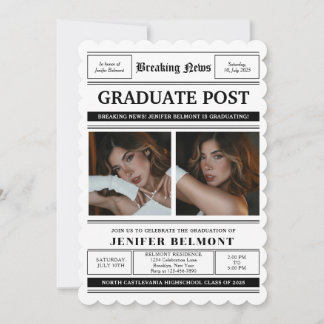 Invitation Elegant Newspaper Themed 2 Photo Graduation Party