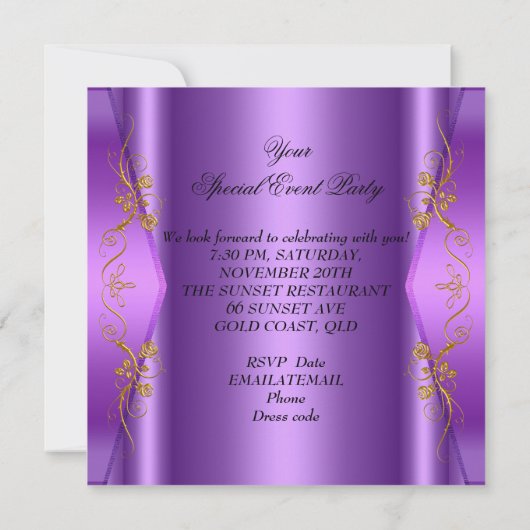 Invitation Élégant N'Importe Quelle Fête Événement Purple Gol (Dos)