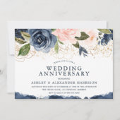 Invitation Élégant Noces de Mariage Anniversaire Fleurs Navy (Devant)