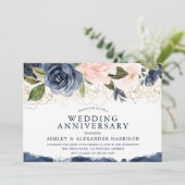 Invitation Élégant Noces de Mariage Anniversaire Fleurs Navy (Debout devant)