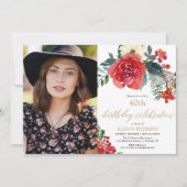 Invitation Elégant Noël aquarelle florale photo anniversaire (Devant)