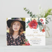 Invitation Elégant Noël aquarelle florale photo anniversaire (Debout devant)