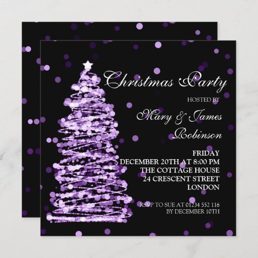 Invitation Élégant Noël Bokeh Tree Fête de vacances violet (Devant / Derrière)