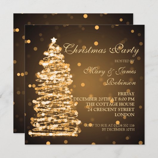 Invitation Élégant Noël Bokeh Tree Holiday Party Gold (Devant / Derrière)