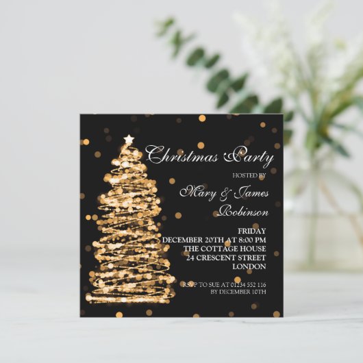 Invitation Élégant Noël Bokeh Tree Party Gold Black (Debout devant)