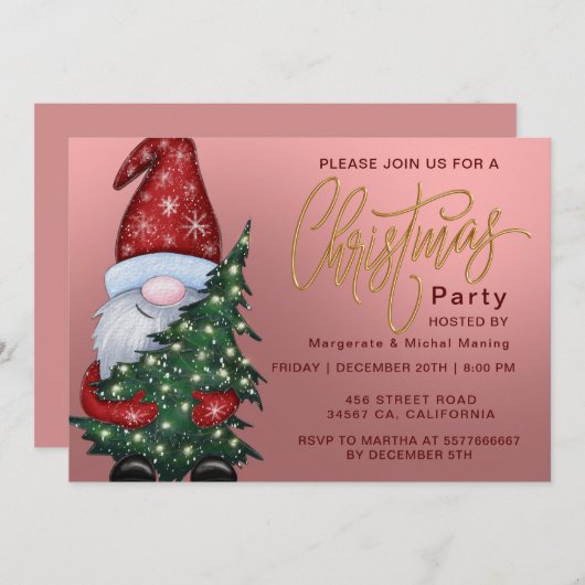 Invitation Élégant Noël Bokeh Tree Party Gold rose (Devant / Derrière)