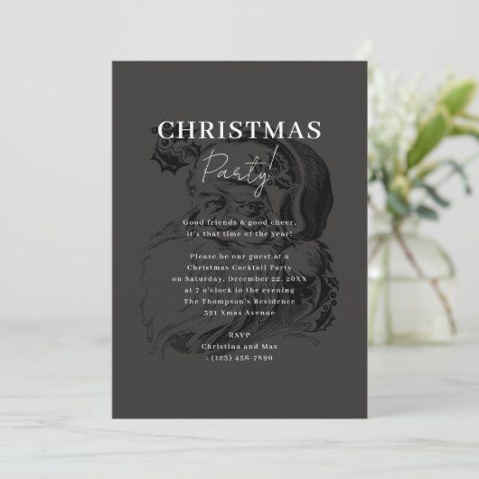 Invitation Élégant Noël Noir Classique Père Noël Noël (Debout devant)