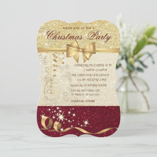Invitation Élégant Noël, Parties scintillant d'or rouge Fête  (Debout devant)