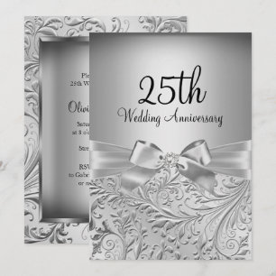 Invitation Élégant Nœud Argenté Tourbillon Floral 25e Anniver