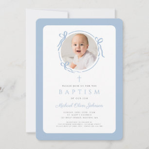 Invitation Élégant Nœud Bleu Bébé Photo Baptême Garçon