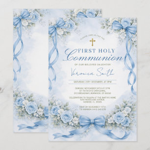 Invitation Élégant Nœud Bleu Poussiéreux Floral Première Sain