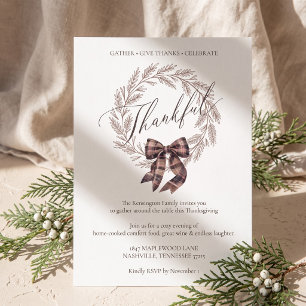 Invitation Élégant Nœud Ecossais Marron de Thanksgiving Remer