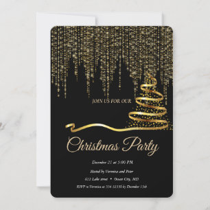 Invitation Elégant Noir - Arbre de Noël Or