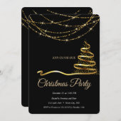 Invitation Elégant Noir - Arbre de Noël Or (Devant / Derrière)