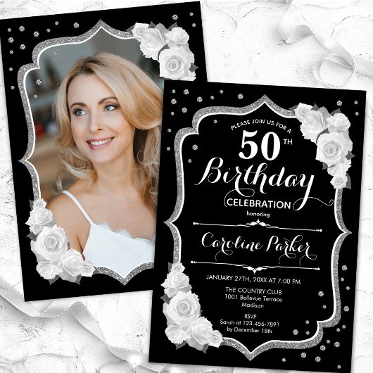 Invitation Elégant noir argent blanc photo 50e anniversaire