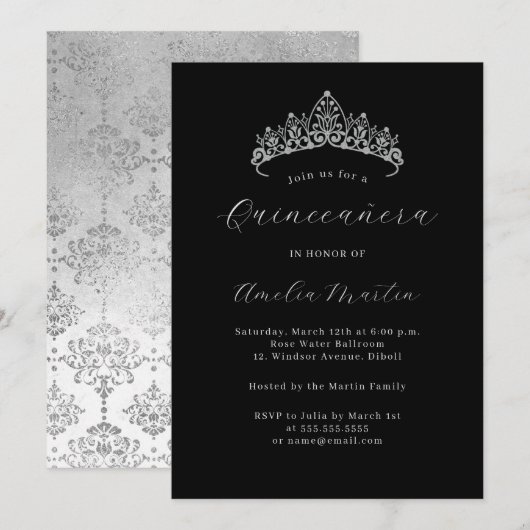 Invitation Elégant noir argent Damask Tiara Quinceanera (Devant / Derrière)