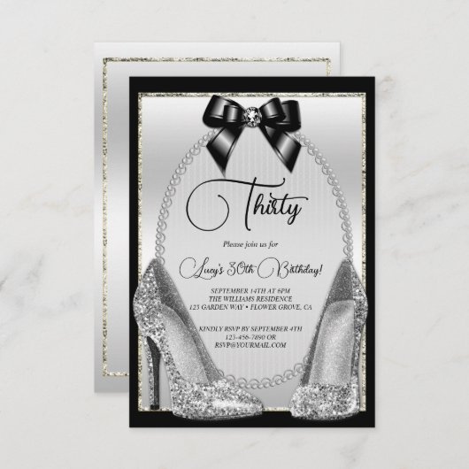 Invitation Elégant Noir, Argent Gem Bow & Stilettos Anniversa (Devant / Derrière)