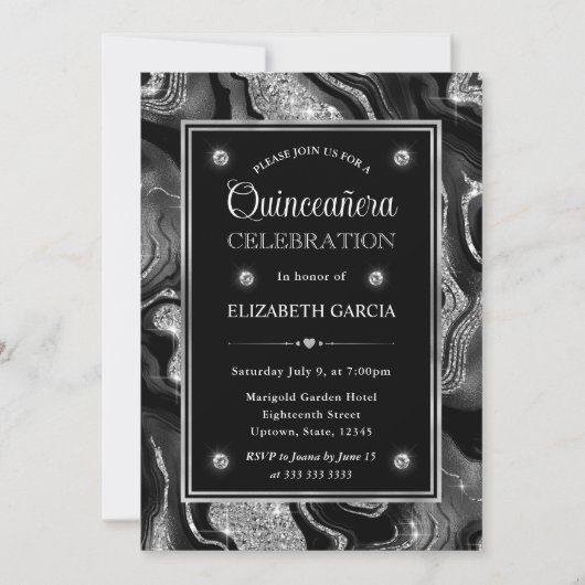 Invitation Elégant noir & argent Parties scintillant Agate Qu (Devant)