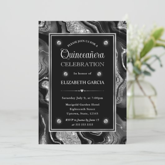 Invitation Elégant noir & argent Parties scintillant Agate Qu (Debout devant)