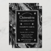 Invitation Elégant noir & argent Parties scintillant Agate Qu (Devant / Derrière)