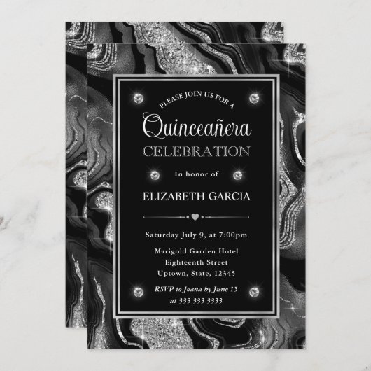 Invitation Elégant noir & argent Parties scintillant Agate Qu (Devant / Derrière)