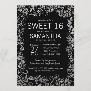 Invitation Elégant noir argent Parties scintillant florale do