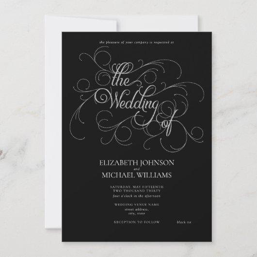 Invitation Élégant noir & argent Script Cravate noire Mariage (Devant)