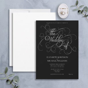 Invitation Élégant noir & argent Script Cravate noire Mariage