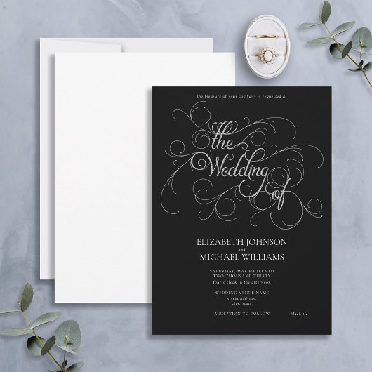 Invitation Élégant noir & argent Script Cravate noire Mariage