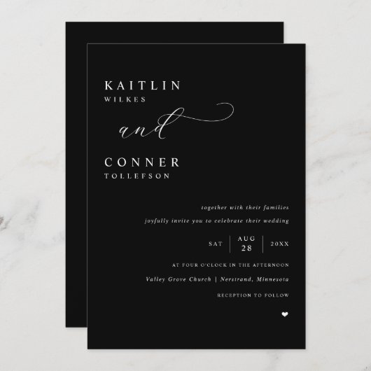 Invitation Élégant noir avec Mariage de texte blanc (Devant / Derrière)