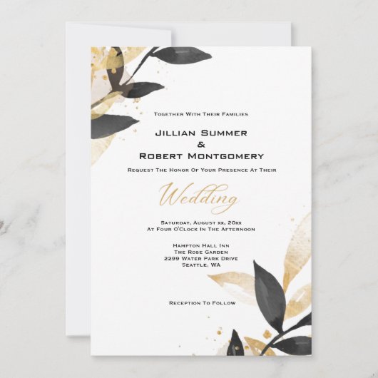 Invitation Élégant Noir avec Mariage Or (Devant)