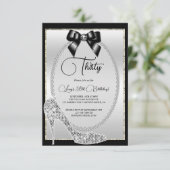 Invitation Elegant Noir Bijou Argent Nœud & Stiletto Annivers (Debout devant)