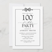 Invitation Elégant Noir & Blanc 100e Anniversaire Bow (Devant)
