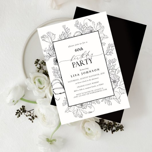 Invitation Elégant noir blanc 60e anniversaire Floral Line Ar