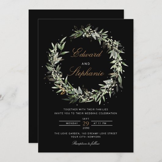 Invitation Elégant noir & blanc Aquarelle Mariage vert (Devant / Derrière)