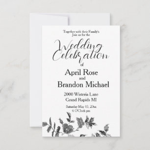Invitation Elégant noir blanc aquarelle rose floral