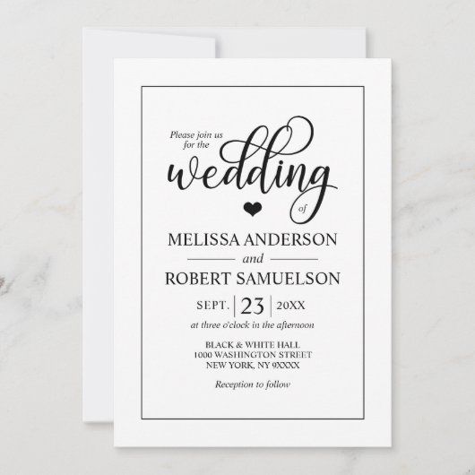 Invitation Élégant Noir Blanc Coeur Mariage de script (Devant)