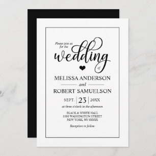 Invitation Élégant Noir Blanc Coeur Mariage de script