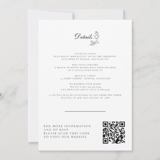 Invitation Elégant noir & blanc Crest Détails et Mariage QR (Dos)